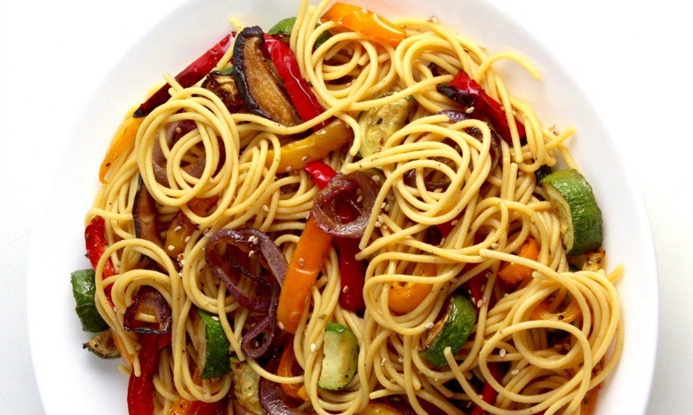 chickpea spaghetti with roasted vegetables